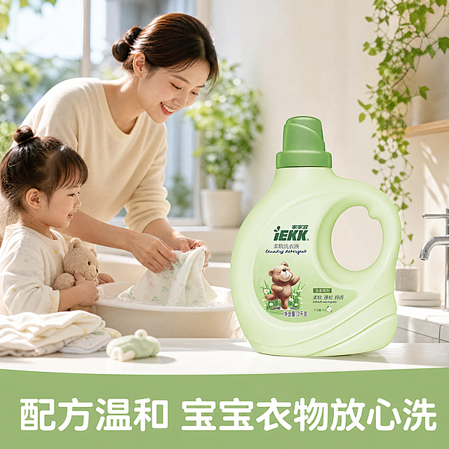 [主图-7] 亲子家庭使用场景
[氛围风格] 温馨亲切日常感
[画质] 商业摄影质感、光线柔和通透、产品清晰真实、画面干净高级
[元素] 保持家家宜洗衣液产品外观与原图绝对一致，产品放置在干净的阳台洗手台面上，旁边是妈妈正在手洗宝宝衣物的场景，背景是整洁的阳台和绿植，整体氛围温暖自然。商品主体放置在画面右前方，清晰突出，场景生活化不抢主体
[光影] 自然晴天阳台光线，柔和明亮，温馨舒适
[配色] 浅绿产品搭配米白墙面和绿植，清新自然，温馨干净
[视角构图] 斜侧视角，产品前景突出，场景背景虚化增加层次
[文字版式] 底部文案框标注"配方温和 宝宝衣物放心洗"，浅绿底白字，清晰不遮挡产品
[比例分辨率] 1:1比例，4K分辨率，文字清晰锐利，超高清
[负向提示词] 变形，水印，文字错乱，产品图模糊，背景杂乱