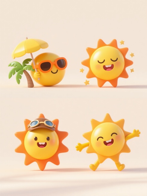 3D渲染风格的卡通太阳元素设计，采用明亮的黄色调与橙色渐变，表面光滑有轻微反光质感，整体造型圆润可爱，呈现出温暖欢快的氛围。画面背景为纯净的浅色，四个不同样式、不同造型风格的太阳元素上下两行对齐排列。每个太阳都有独特的表情和装饰：第一个太阳戴着橙色墨镜，手持黄色遮阳伞和绿色棕榈叶；第二个太阳可以设计成闭着眼睛微笑的表情，周围环绕着小星星；第三个太阳可以戴着飞行员帽子，嘴角上扬露出牙齿；第四个太……预览效果