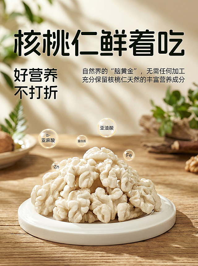 参考这张图片，生成一张类似的鲜核桃仁产品宣传图，换一个真实且风格不同的全新背景，不要和原图浅米色背景相似，去掉右侧的产品包装袋，保留所有剩余文案内容、营养标识和盘子里堆出的核桃仁展示，核桃仁保持奶白色，整体尺寸750x1000