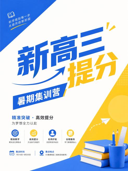 参考参考图的蓝黄配色和简约清新教育风格，招生海报，主标题"新高三提分"，副标题"暑期集训营"，对角构图，蓝黄色块拼接，大面积留白，文案疏密得当，3:4比例，文字清晰突出，高清，版式精美预览效果