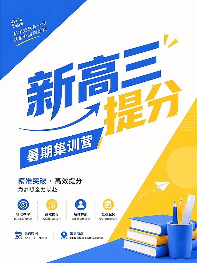 参考参考图的蓝黄配色和简约清新教育风格，招生海报，主标题"新高三提分"，副标题"暑期集训营"，对角构图，蓝黄色块拼接，大面积留白，文案疏密得当，3:4比例，文字清晰突出，高清，版式精美