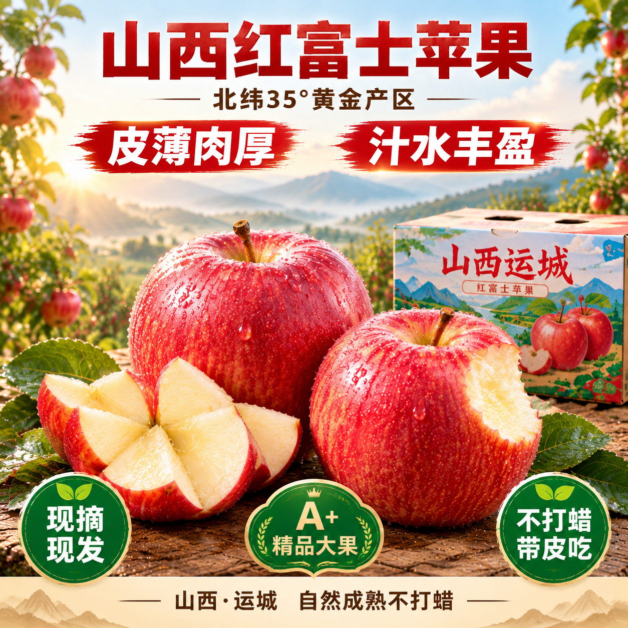 京东电商主图，品牌气场风，主题：皮薄肉厚 汁水丰盈。山西运城苹… - 图片创意预览