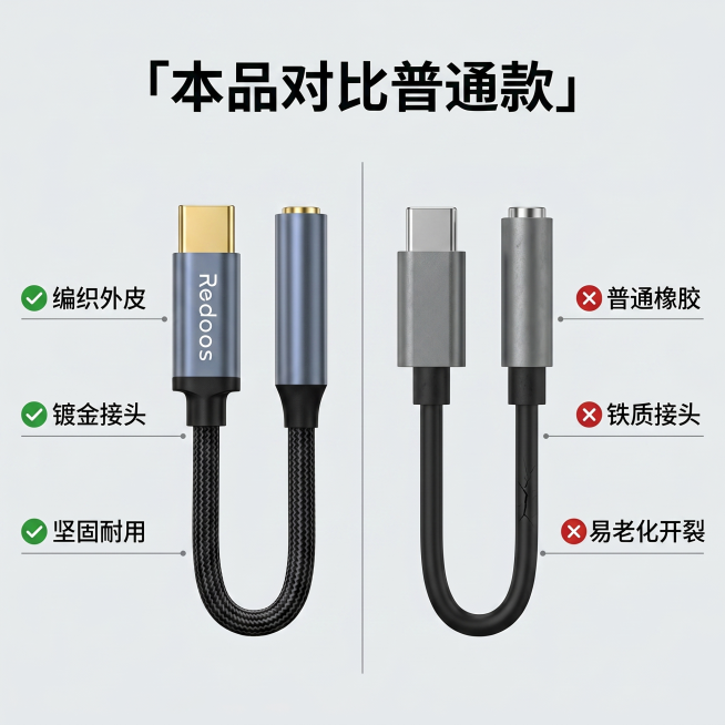 [主图 5] 产品优势对比图
[氛围风格] 理性对比专业风
[画质] 商业摄影质感、光线柔和通透、产品清晰真实、画面干净高级
[元素] 双栏对比布局，左侧展示本品Type-C转3.5mm转接线，右侧展预览效果