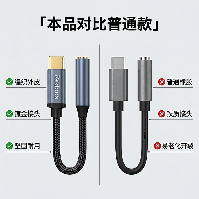 [主图 5] 产品优势对比图
[氛围风格] 理性对比专业风
[画质] 商业摄影质感、光线柔和通透、产品清晰真实、画面干净高级
[元素] 双栏对比布局，左侧展示本品Type-C转3.5mm转接线，右侧展示普通PVC线材转接线。本品区域展示编织纹理和金属外壳细节，保持产品外观和原图一致。左右两栏用细竖线分隔，各占一半画面。背景为浅灰色
[光影] 左右光影均匀一致，突出本品材质优势
[配色] 浅灰背景，深色文字，本品蓝黑原色清晰呈现
[视角构图] 左右对称对比构图，产品均居中放置
[文字版式] 顶部居中大字标题「本品对比普通款」，左栏标注「编织外皮」「镀金接头」「坚固耐用」，右栏标注「普通橡胶」「铁质接头」「易老化开裂」，左栏用绿色对勾标注优势，右栏用红色叉号标注不足，对比清晰直观
[比例分辨率] 1:1比例，2k分辨率，文字清晰可辨，超高清
[负向提示词] 变形，水印，文字错乱，产品图模糊，背景杂乱，对比失衡