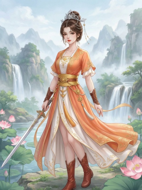 「图片1」类似画风的古装女子图，古风仙侠少女，棕色长发束起搭配银饰发冠，身着橙白相间的古风短打裙装，金色腰带与装饰点缀，手腕佩戴护腕，脚穿红棕色靴子预览效果