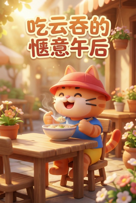 换一种风格，海报内容也是3D效果的，在晒太阳，吃云吞预览效果