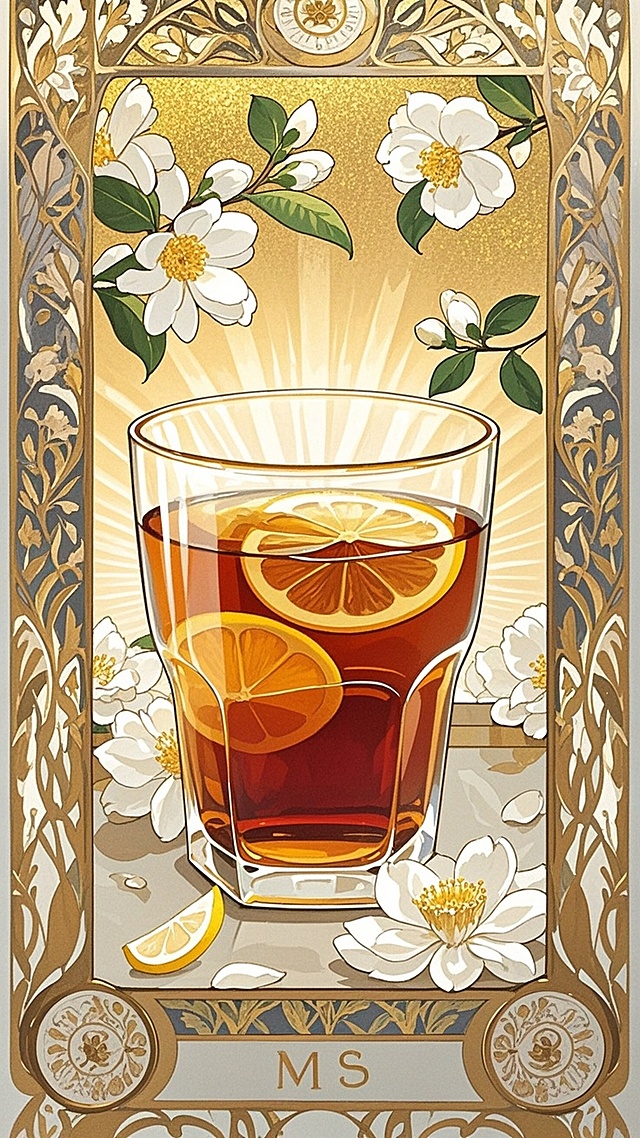 复古穆夏风，唯美鎏金设计，茶饮与花卉交织，尽显优雅浪漫。