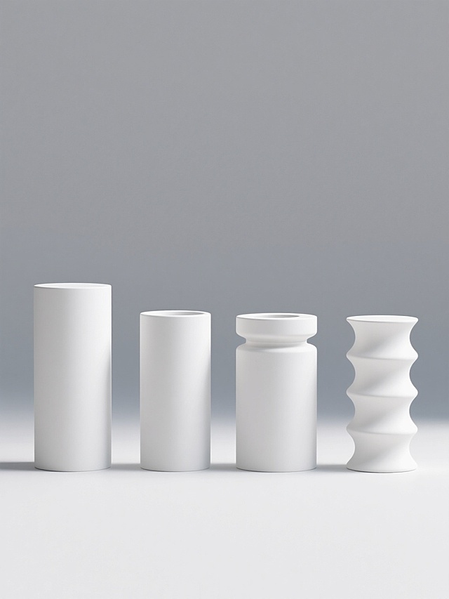 3D渲染的极简风格产品展示图，纯白哑光背景，四个完全不同造型的白色圆柱形元素规整排布，保持统一的光滑表面质感和柔和高光，圆柱造型分别为：基础光滑圆柱体、顶部凹陷圆柱体、带环形凹槽圆柱体、波浪边缘圆柱体，整体构图对称平衡，光线柔和均匀，无阴影，极简主义设计感，高清晰度，产品展示效果。