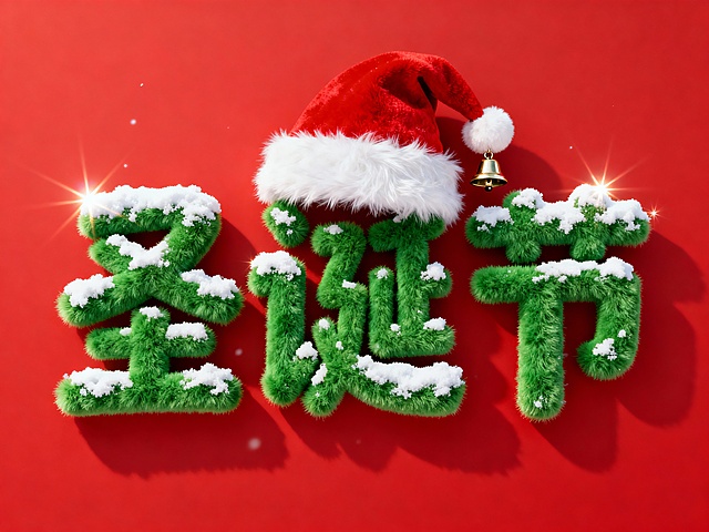 3D毛发生长风字体，覆盖雪花与圣诞帽，重拟物设计，喜庆红底烘托节日氛围。