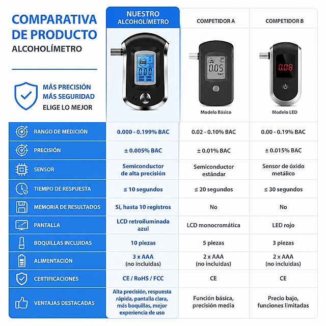 Cuadro comparativo de producto para alcoholímetro, compara las ventajas de rendimiento o parámetros con otros productos similares, estilo general coherente con la imagen original, todo el texto utiliza español, comparación clara e intuitiva
