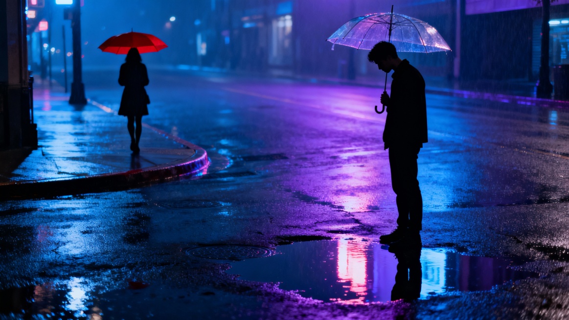 以图1为基础,生成6个分镜。来讲述一個男子在下雨的街上遇到舊情人的故事。人物皆以剪影處理, 生成图片的画风和参考图的画风保持统一预览效果