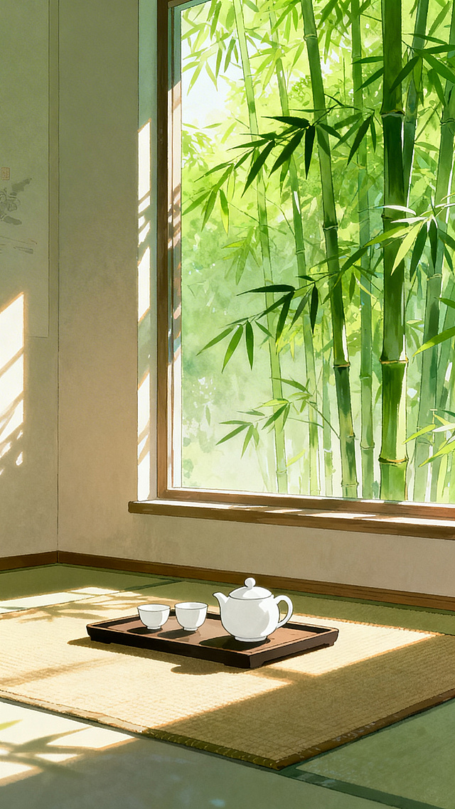 窗边茶席，摆放着白色茶具，窗外是翠绿的竹子，柔和的阳光洒进房间，整体氛围温暖宁静，清新插画风格，构图简洁雅致