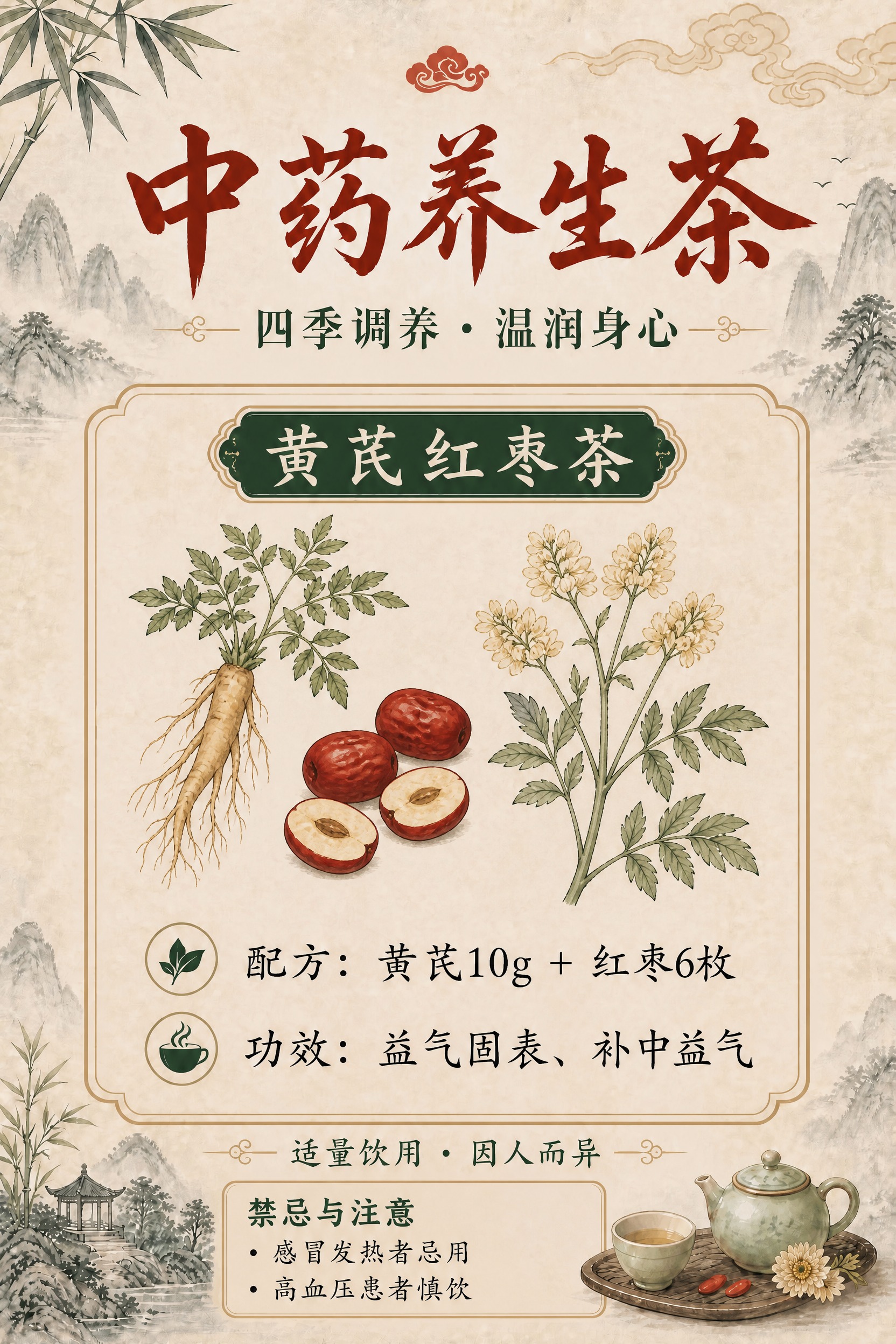 基于参考图的黄芪红枣茶海报，重新调整底部禁忌与注意板块，使其排… - 图片创意预览