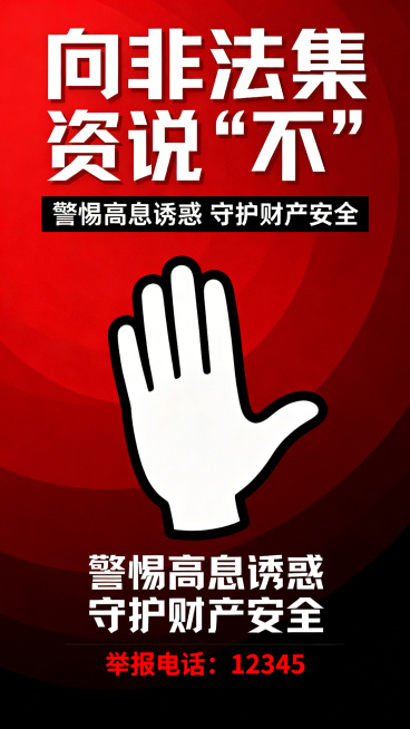 一张“向非法集资说‘不’”的宣传海报，画面醒目，有警示性，搭配拒绝手势图案，配色以红、白、黑为主，文字清晰突出预览效果
