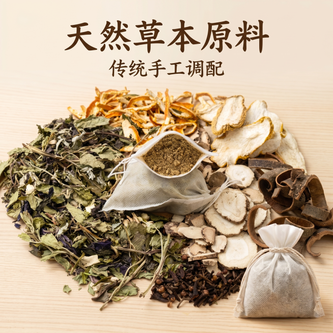 [主图 2] 古风香囊核心卖点展示，天然草本原料配方。
[氛围风格] 古风典雅国风自然风；
[画质] 商业摄影质感、光线柔和通透、产品清晰真实、画面干净高级。
[元素] 打开的香囊内袋放置在中心，周围预览效果