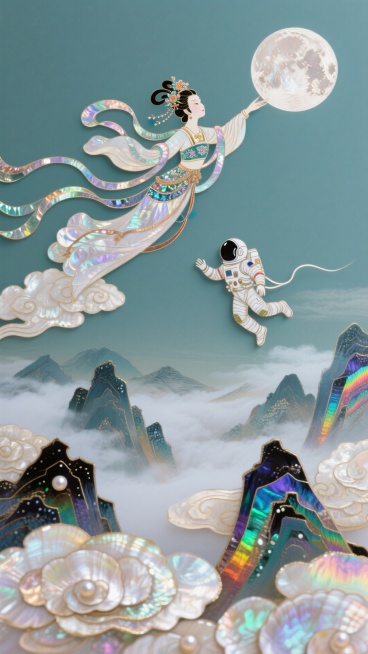 唯美风格，远处嫦娥脚踩祥云飞向月球，发饰精美，有律动感，衣摆飘逸。在嫦娥对面是一个宇航员，穿着宇航服，也飞向月球，跟嫦娥隔空对望，周围环绕着祥云和很多山峦，背景远处的群山云雾，底色柔和，非常规的动态构预览效果