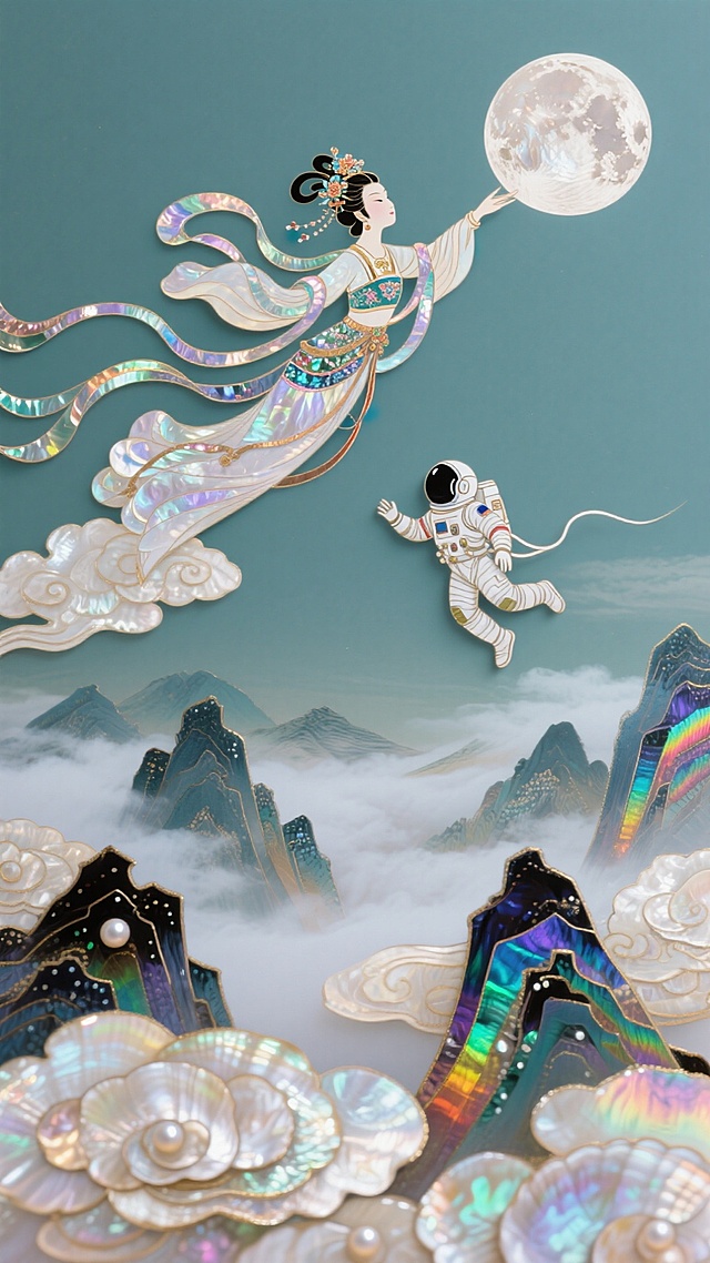 唯美风格，远处嫦娥脚踩祥云飞向月球，发饰精美，有律动感，衣摆飘逸。在嫦娥对面是一个宇航员，穿着宇航服，也飞向月球，跟嫦娥隔空对望，周围环绕着祥云和很多山峦，背景远处的群山云雾，底色柔和，非常规的动态构图，质感偏非遗贝壳质感有亮光