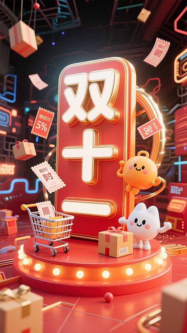 画面中有代表购物的卡通元素，如购物车、优惠券、包裹，还有可爱的拟人化电商平台形象（或卡通购物小人），它们围绕着 “双十一” 相关的促销标识互动。设定在热闹的线上电商界面或线下商场场景，背景有闪烁的促销灯光、满是商品的货架或代表网络的科技感元素，营造出双十一购物狂欢的氛围。风格3D 卡通渲染风格，画面活泼、富有活力，结合电商促销的热闹感与卡通的可爱感。色彩以红色、金色、橙色等喜庆、醒目的色调为主，搭配白色等亮色，体现双十一促销的热烈氛围。构图视角：采用平视视角，将核心促销元素与购物卡通元素置于画面中心。细节补充：有飞舞的优惠券、闪烁的 “限时折扣”“满减” 等文字光效，商品和购物元素带有动态感，仿佛在欢快地参与购物狂欢。