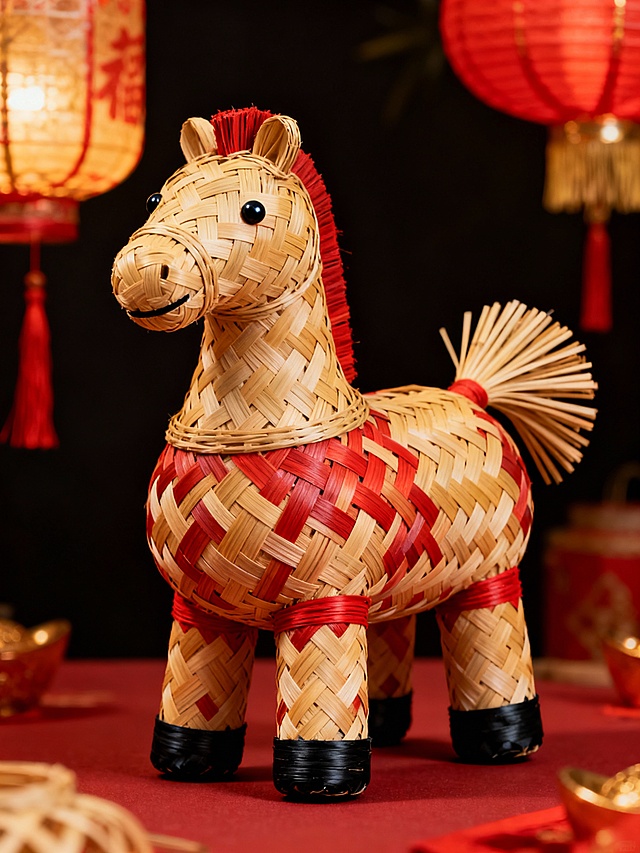 国潮风竹编马，融合编织肌理与重拟物设计，红黑点缀彰显喜庆感，中式元素与手工艺术完美结合，传递浓厚民族韵味。