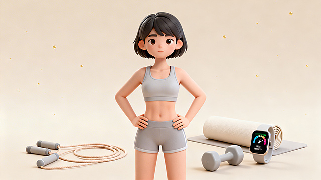 趣味3D插画风格，C4D渲染，OC渲染，Blender建模，柔软光线，马卡龙色系，光滑黏土材质，影棚打光，8k分辨率，浅米色背景前，一位中性气质年轻女性短发干练，穿着浅灰色运动背心和短裤，双手叉腰露出紧实平坦腹部，身后地面上一根浅色跳绳自然卷曲、一对浅灰色哑铃、一个卷起浅色瑜伽垫、一个心率监测手环屏幕显示燃脂区间，表情平和自信，极简场景，纯净极浅裸色渐变背景带淡金色光点，整体氛围温和燃动，燃脂潜力