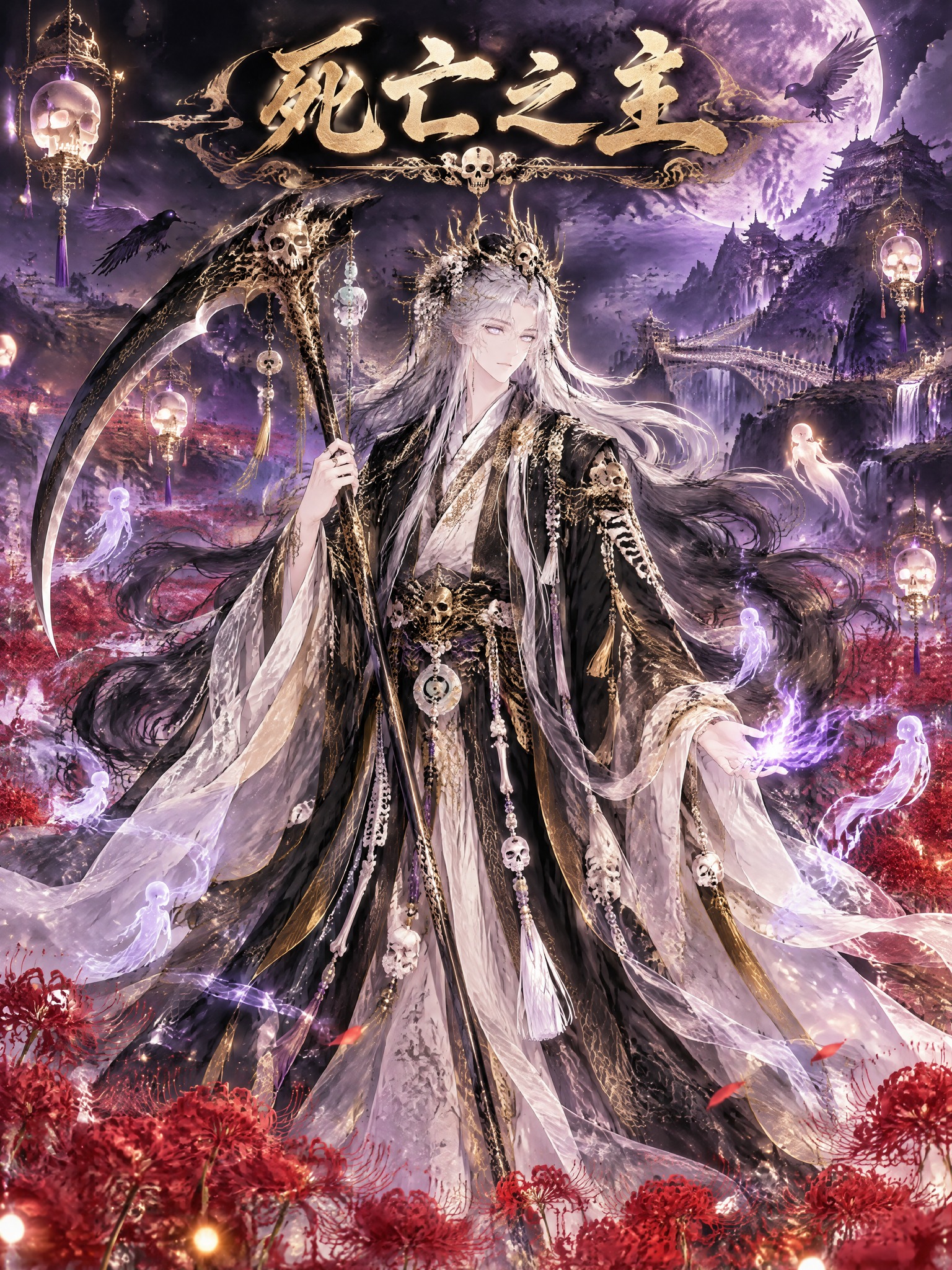 死神亡者之主单人全身立绘，剧情结局画面。死神：银白渐变墨黑长发… - 图片创意预览
