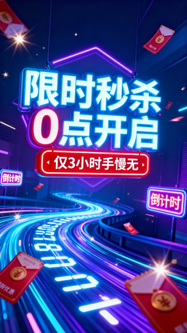 蓝紫色霓虹风格的双11限时购海报，背景是流动的光轨与倒计时数字流光，中央悬浮着荧光标语“限时秒杀 0 点开启”，搭配红色警示框内的“仅 3 小时 手慢无”文字，画面点缀闪烁的“倒计时”霓虹灯牌和悬浮的预览效果