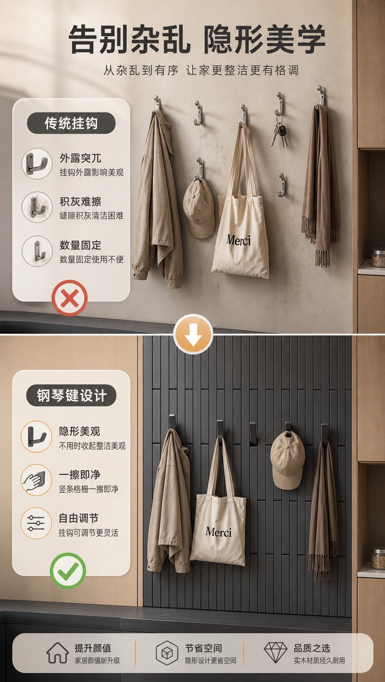 [商品] 使用【图1】深灰色实木钢琴键挂衣架与传统普通挂钩对比… - 图片创意预览