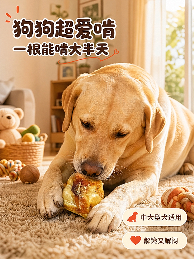 [商品] 使用【图1】宠物牛膝盖骨磨牙棒；保留牛膝盖骨外形、浅黄带深棕烤色、带肉带筋纹理；产品出现在狗狗爪旁和口中，保持外观一致。
[画面] 目标：宠物互动场景，真实使用状态。单场景沉浸型构图，一只拉布拉多犬趴在客厅地毯上，前爪抱着牛膝盖骨磨牙棒，正低头开心啃咬，狗狗表情满足专注。产品在狗狗爪间清晰可见，保持原图外观特征。背景是温馨的客厅场景，有阳光从落地窗洒入，地毯柔软，旁边有宠物玩具点缀，≥3层环境元素。
[视觉] 套系策略：风格=抖音电商高清实拍食欲风；标题字=圆润粗体 饱满亲和；正文字=简洁圆体 清晰易读；主色=暖橙棕；背景延展=基于暖橙棕做深浅渐变、同色层级和细腻木纹/纸质质感；强调色=橙红色，仅用于小面积图标、引线和标签；标题色=深棕色；正文色=中暖棕色；组件=圆角米白信息卡、细线引线、橙红标签；光影=窗边自然光 暖调柔和 狗狗毛发有光泽。
[文字] 左上角主标题"狗狗超爱啃"，副标题"一根能啃大半天"。右下角两个圆角标签："中大型犬适用""解馋又解闷"。文字放在负空间，不遮挡狗狗和产品主体，手机端可读。
[规格] 比例3:4竖版，4K，避免变形、错字、文字过小、冷蓝/蓝灰背景、狗狗畸形、骨头颜色不对、场景虚假。