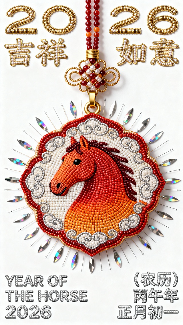 主体是一个红到橙渐变的中式玉佩（造型为马首，边缘饰祥云纹样），玉佩上方有金色挂扣与珠链，周围环绕柔和光晕。上下留白，左右留白，不撑满画面。色调为纯白背景 + 红到橙渐变。画面上方极细字体 “2026”“吉祥如意”。左下角小字 “YEAR OF THE HORSE 2026”。右下角小字 “（农历）丙午年 正月初一”。