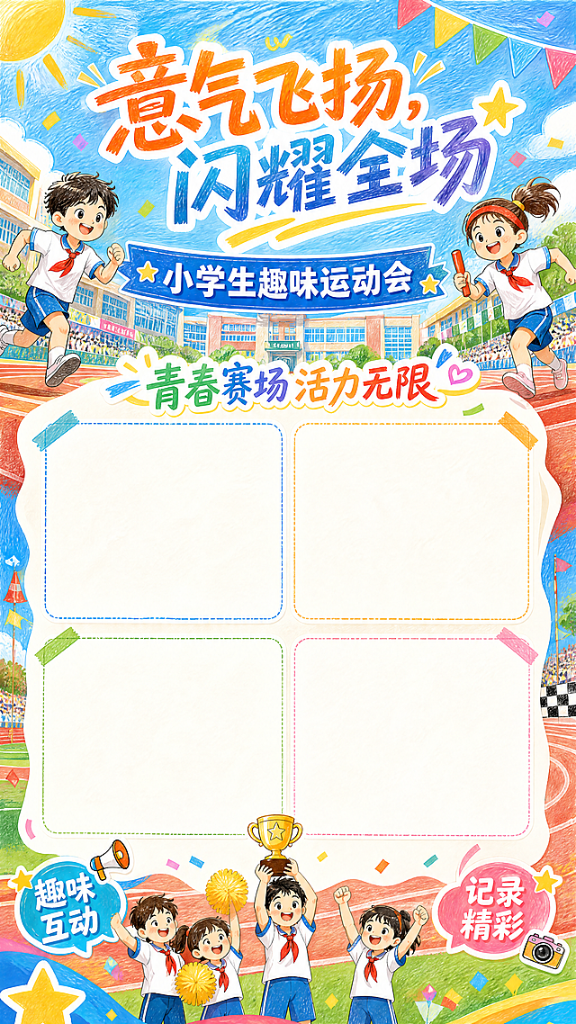 将这张小学生趣味运动会海报转换为手绘风格，保留所有文字内容：主标题"意气飞扬，闪耀全场"，副标题"小学生趣味运动会"，装饰文字"青春赛场活力无限"，左下角"趣味互动"，右下角"记录精彩"，同时保留原有的4个预留照片位置不变，版式和构图完全保持不变，整体转换为清新手绘插画风格，色彩明快协调，手绘质感自然