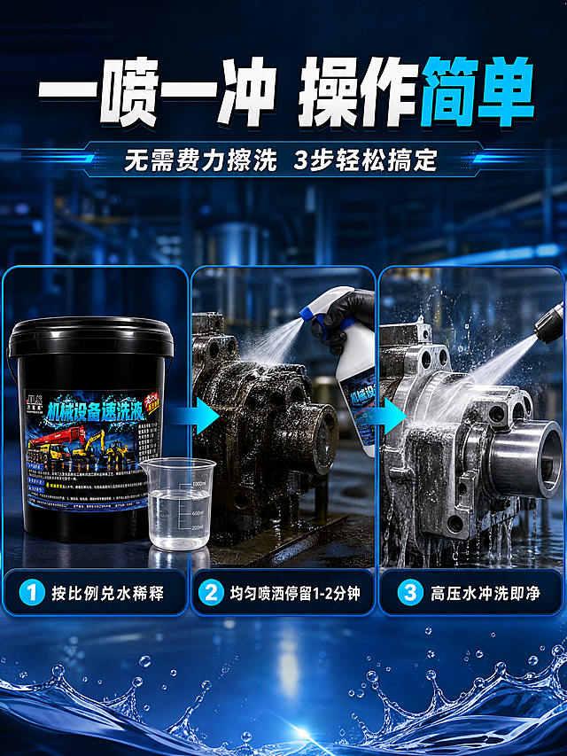 [商品] 使用【图1】洁莱素机械设备速洗液18L黑色桶装产品；保留桶身结构、颜色、标签与Logo；修复桶身光泽，让标签清晰锐利。
[画面] 目标：使用步骤演示，强调一喷一冲操作简单。构图：横向三步流程版式，从左到右依次展示3个步骤；左侧产品桶 + 量杯兑水稀释，中间喷壶喷洒在机械部件上，右侧高压水枪冲洗后光亮如新；每步下方配编号与说明；顶部大标题。
[视觉] 套系策略：风格=深蓝工业硬核风商业摄影；标题字=粗黑体立体字；正文字=简洁黑体；主色=深海蓝；背景延展=基于深海蓝做深浅渐变与工业场景虚化；强调色=亮青蓝色，用于步骤编号、箭头和水花；标题色=白色与亮青蓝；正文色=白色与浅灰蓝；组件=步骤编号圆标、箭头连接线、圆角深蓝说明卡；光影=左前侧工业光，突出每个步骤的动作清晰。
[文字] 顶部主标题："一喷一冲 操作简单"；副标题："无需费力擦洗 3步轻松搞定"；三步分别标注："① 按比例兑水稀释"、"② 均匀喷洒停留1-2分钟"、"③ 高压水冲洗即净"；文字均为横排。
[规格] 图片比例3:4竖版，4K，避免变形、错字、文字过小、动作不真实、浅灰白底。