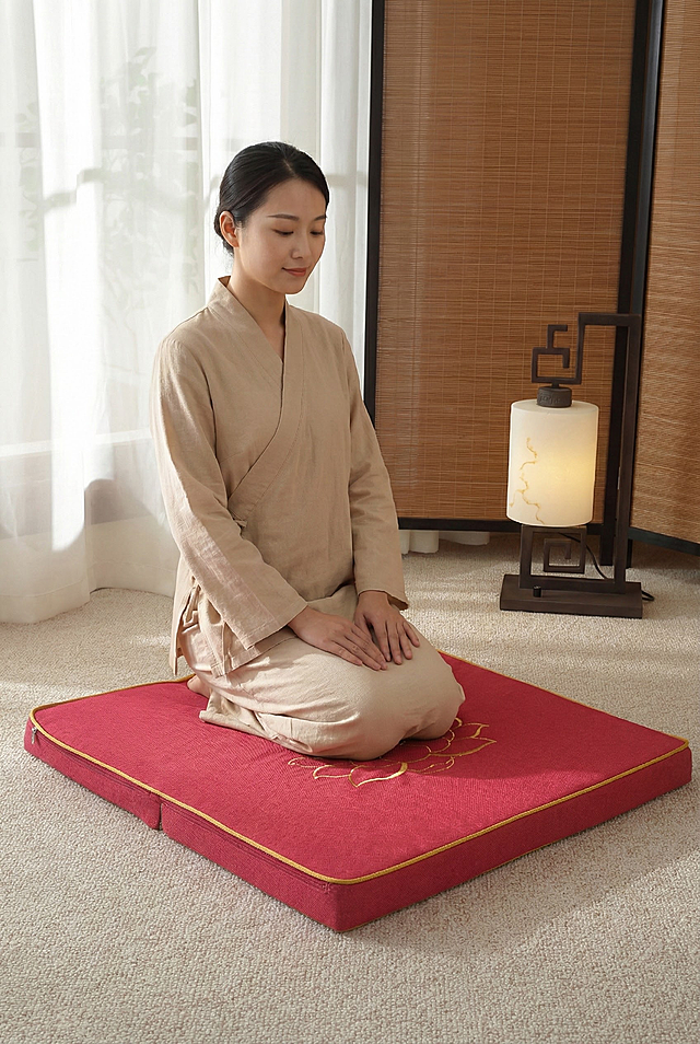 以写实风格呈现 图片中的拜佛垫主体 一位身着素雅中式服饰的亚洲模特 端正跪坐于朱红绣莲的拜佛垫上 身姿轻缓舒展 腰背挺而不僵 垂眸间神态沉静柔和 与旁侧的禅意灯盏 竹纹屏风相映 晕开一方娴静的东方禅韵 画面整体注重色彩和谐与光影层次 体现出中式 禅意的感觉