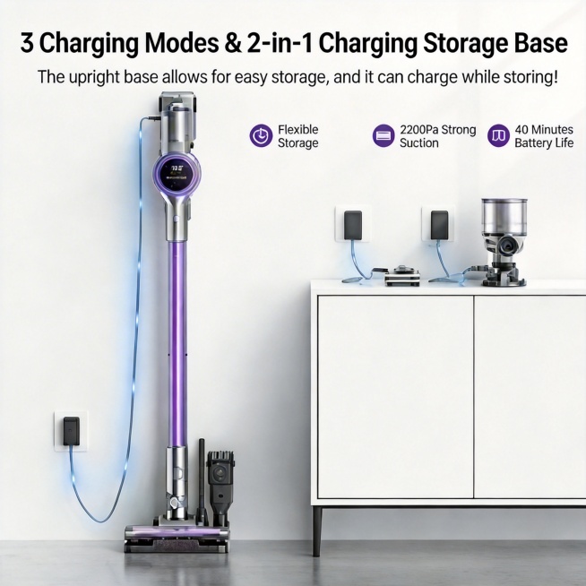 将图片中的中文翻译成英文，“3种充电方式&2in1充电收纳底座”译为“3 Charging Modes & 2-in-1 Charging Storage Base”，“直立式底座可轻松收纳，收纳时也预览效果