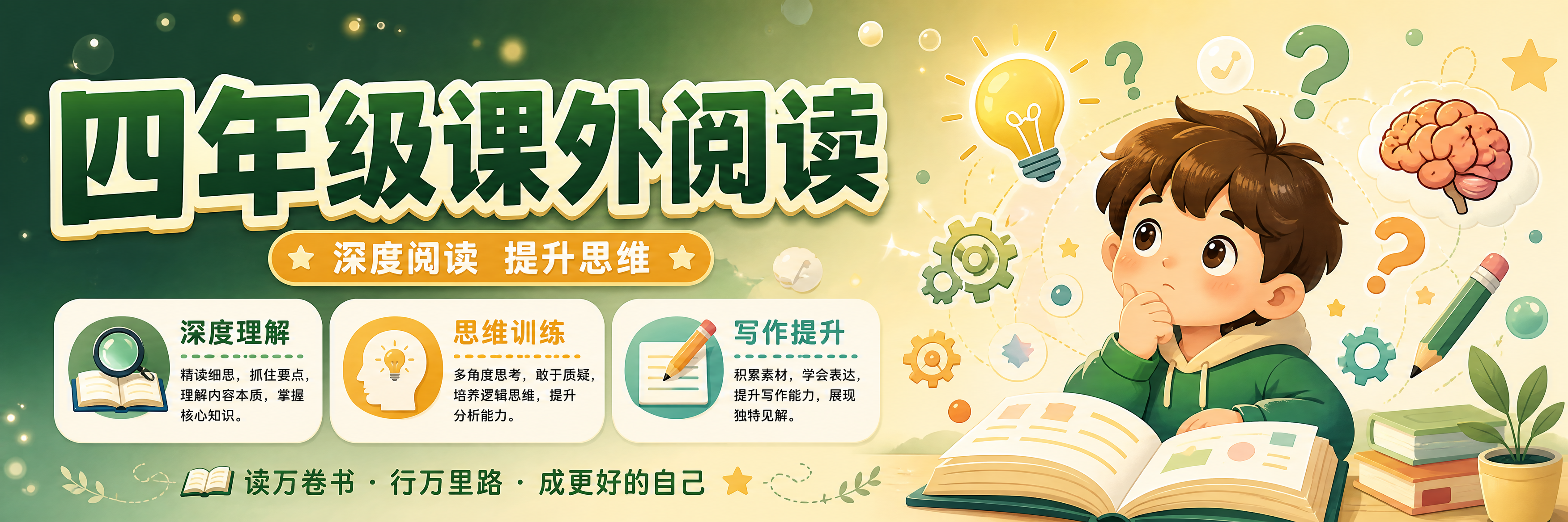 横版超宽幅课外阅读海报，童趣卡通风，四年级主题。画面左侧为大标… - 图片创意预览