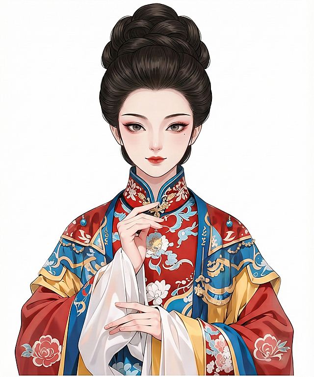 更换女生为另一张漂亮的脸，更换不同款式的高发型，服装更换为同色系装饰的不同款式红黄色戏曲风格服装，服装上有蓝色和金色的装饰，头发上没有装饰，