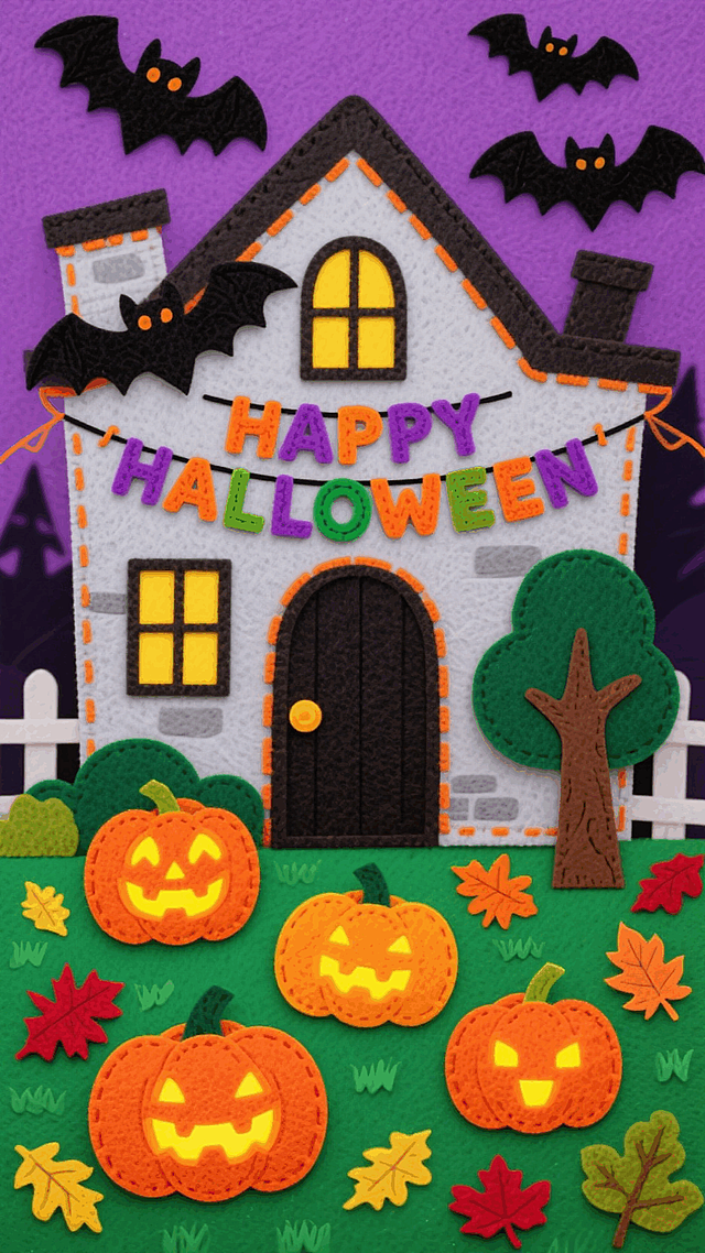 万圣节鬼屋门口，门口写着“HAPPY HALLOWEEN”的彩旗，空中蝙蝠飞舞，花园里散布4只大小不一的发光南瓜灯，点缀秋叶、小树元素，紫色背景，万圣节热闹氛围