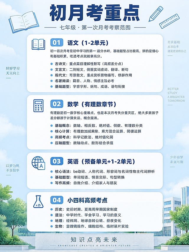 一张竖版教育类考点总结长图，主题为七年级第一次月考复习范围。整体风格：清爽校园风，蓝白配色，浅蓝色渐变背景，卡片式排版，四张白色圆角卡片自上而下排列，每张卡片带小图标与序号。顶部大标题「初一月考重点」，下方小字「七年级 · 第一次月考考察范围」，配书本、铅笔、直尺等简约线条图标。

卡片一 标题「01 语文（1-2单元）」，正文「初一首次月考是初中学习的第一道分水岭，基础题型占比极高，拼的是细心和基础积累，吃透考点就能拿高分。」条目列表：「古诗文：重点篇目理解性默写（高频丢分点）」「文言文：二则短文，侧重实词虚词、翻译、断句」「现代文：写景散文，重点赏析景物描写、修辞作用」「名著阅读：篇目、人物、情感主旨必考」「基础题型：字音字形、病句、成语、语句衔接」。

卡片二 标题「02 数学（有理数章节）」，正文「有理数是初一数学核心重难点，也是本次月考失分重灾区，绝大多数孩子丢分都源于计算失误、概念混淆。」条目列表：「基础概念：数轴、相反数、绝对值、倒数、有理数分类」「核心计算：有理数加减乘除、乘方混合运算、简便运算」「高频考点：科学记数法、绝对值化简」「压轴题型：数轴动点、数形结合求值」。

卡片三 标题「03 英语（预备单元+1-2单元）」条目列表：「核心语法：be动词、人称代词、形容词与名词性物主代词辨析」「基础题型：单词短语、情景交际、句型转换」「写作高频：自我介绍、介绍家人与朋友」。

卡片四 标题「04 小四科高频考点」条目列表：「历史：史前时期、夏商周早期国家制度」「道法：中学时代、学会学习、学习的意义」「地理：经纬网、地球自转公转、昼夜变化」「生物：显微镜操作、细胞结构、临时装片实验」。

要求：中文文字清晰工整、字号统一、无错别字、排版整齐、留白合理、层次分明，专业教育机构宣传风格，纵向长图构图。
