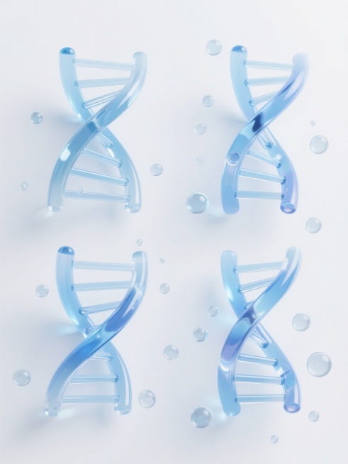 4个完全不同造型的DNA双螺旋结构基因元素，采用透明渐变蓝色调，具有光滑3D质感和半透明光泽，周围环绕大小不一的透明水泡，统一以纯净白色为纯色背景，每个基因元素造型独特（如螺旋方向变化、碱基对形态差异、缠绕方式不同、气泡分布各异），整体呈现科技感与生物医学美感，4个元素规整排布形成系列素材集合，保持一致的光影效果和水晶般通透的视觉风格。预览效果