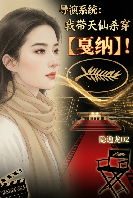 保留原图左侧天仙侧脸肖像，神态、妆容、围巾飘带、光影全部保留，人物占比原图左侧60%构图不变。将背景替换为戛纳影节宫夜景，原东方明珠位置替换为影节宫轮廓，金色光点替换为金棕榈碎片+数据流代码，保持金色预览效果
