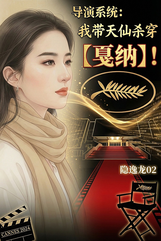 保留原图左侧天仙侧脸肖像，神态、妆容、围巾飘带、光影全部保留，人物占比原图左侧60%构图不变。将背景替换为戛纳影节宫夜景，原东方明珠位置替换为影节宫轮廓，金色光点替换为金棕榈碎片+数据流代码，保持金色基调，水面倒影替换为红毯延伸+胶片齿孔边缘；顶部文字改为"导演系统："，使用原字体，金色；主书名为"我带天仙杀穿【戛纳】！"，其中"戛纳"最大，烫金描红边；右下角文字改为"隐逸龙02"，原位置，白色发光字；保留导演椅，椅背加金棕榈雕刻；保留场记板，板面文字改为 "CANNES 2024"；将K线图改为实时票房/评分数据流，保持金色柱状。