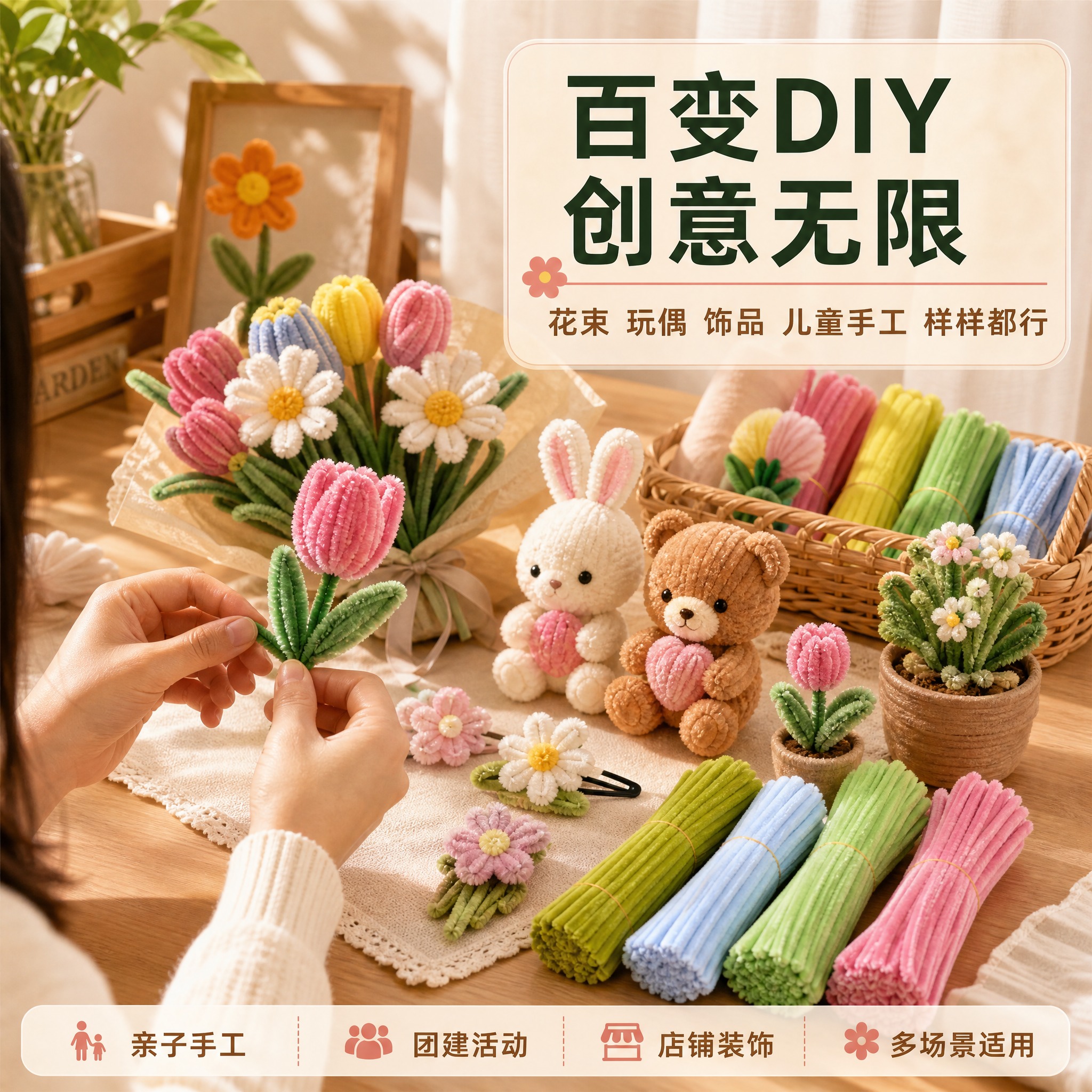[主图-4] 马卡龙色超密扭扭棒 DIY手工毛根条 成品效果与… - 图片创意预览