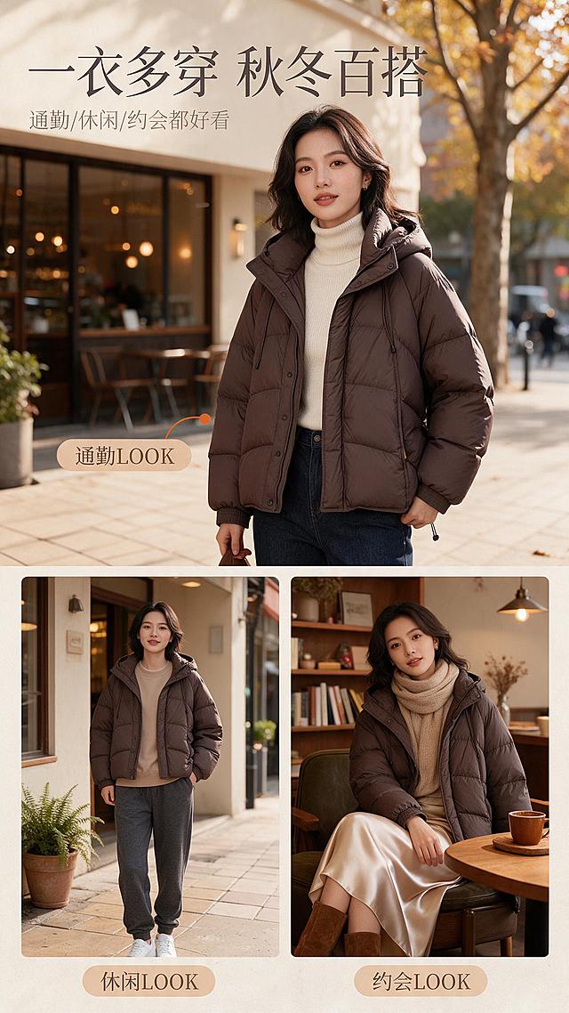 [商品] 使用【图1】美拉德棕短款连帽羽绒服；商品处理：保留连帽立领设计、斜向绗缝纹路、按扣门襟、抽绳细节、插袋、罗纹收口袖口、下摆抽绳、宽松廓形、咖啡色面料颜色和哑光尼龙材质；自然去除衣身杂乱褶皱与压痕，理顺羽绒蓬松感，增强面料纹理、缝线、按扣五金和抽绳质感，不改变版型和结构。
[画面] 页面目标：秋冬多场景穿搭示范，强化实穿性和代入感。构图：上下拼贴布局，上方为城市通勤场景穿搭大图（羽绒服搭配白色高领内搭+牛仔裤+短靴，街头氛围感），占画面约60%；下方左右两张小图，分别展示日常出街（搭配卫衣+运动裤）和约会穿搭（搭配半身裙+长靴）两种风格；背景为暖调秋冬城市街景与室内场景融合，美拉德色系统一。
[视觉] 套系策略：风格=高级感秋冬暖调商业摄影，美拉德色系；标题字=现代简约衬线粗体，带轻微复古气质；正文字=简洁无衬线体；主色=深棕/咖啡色；背景延展=基于暖棕、米杏、奶咖做深浅层级渐变、同色系质感背景和细腻织物/纸张纹理；强调色=焦糖橘棕，仅用于小面积图标、引线和标签点缀；标题色=深炭棕；正文色=暖灰棕；组件=圆角浅棕信息卡、细线引线、复古标签；光影=左前侧暖柔光，柔和自然阴影。
[文字] 左上角主标题「一衣多穿 秋冬百搭」，副标题「通勤/休闲/约会都好看」；下方小图配短标签：通勤LOOK、休闲LOOK、约会LOOK；文字横排，营造穿搭杂志感。
[规格] 图片比例9:16竖版，分辨率2K，避免变形、错字、文字过小、冷蓝/冷灰背景、衣服颜色改变、版型失真、纯白底、极限词。