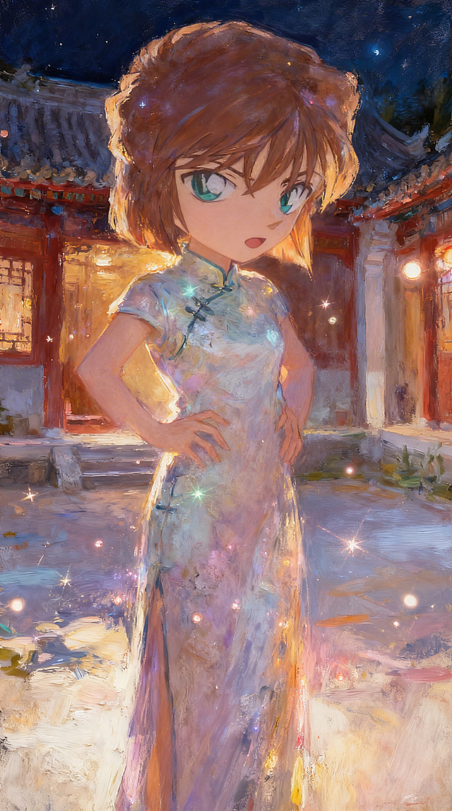 电影写实风格，将人物衣服换成旗袍，把背景替换为一处四合院的夜景