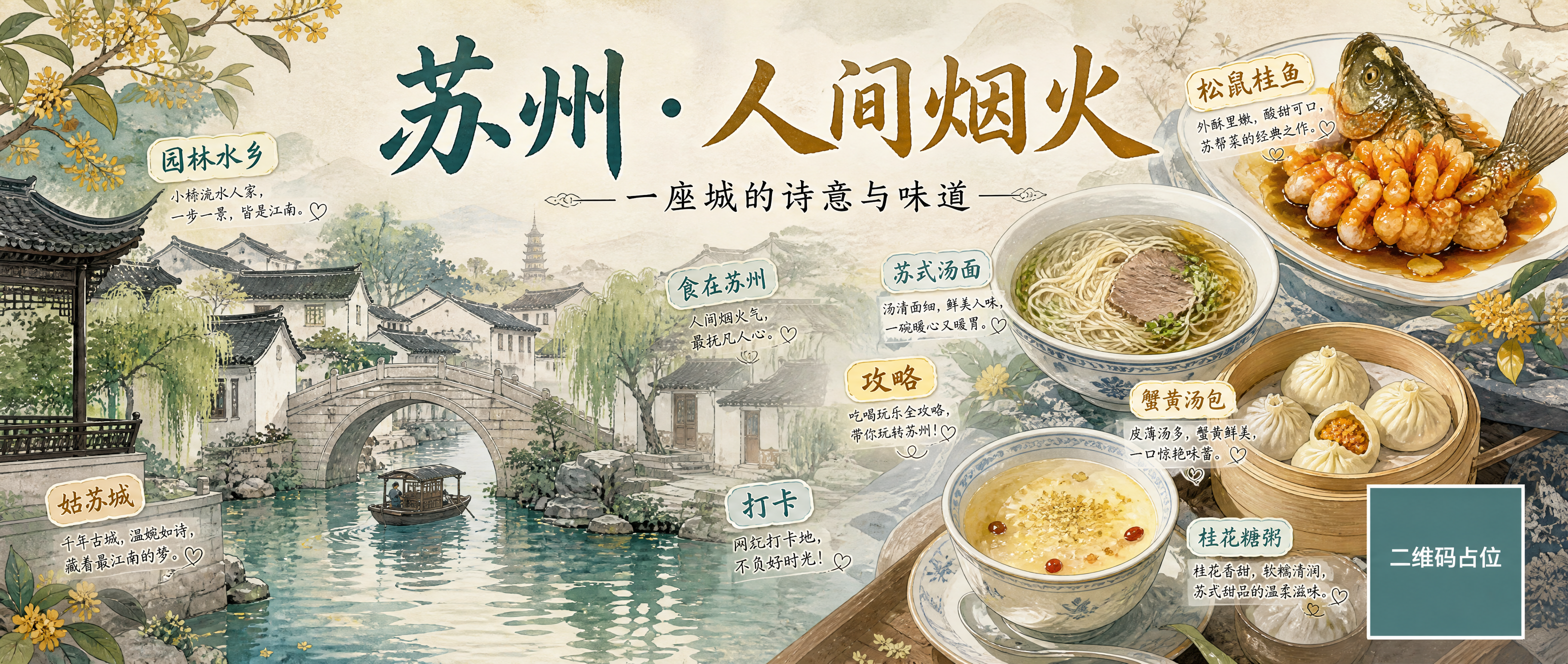 公众号封面海报，苏州人文风景与美食主题，国风新中式工笔风格，画… - 图片创意预览