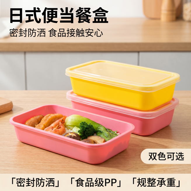 「图片1」，生成一套主图（5「图片1」「图片1」「图片1」「图片1」张），商品名称是日式餐盒，特点：密封防洒，双色可选，尺寸规整，承重性好，食品级pp材质，适配淘宝/天猫平台，主图比例为1:1预览效果