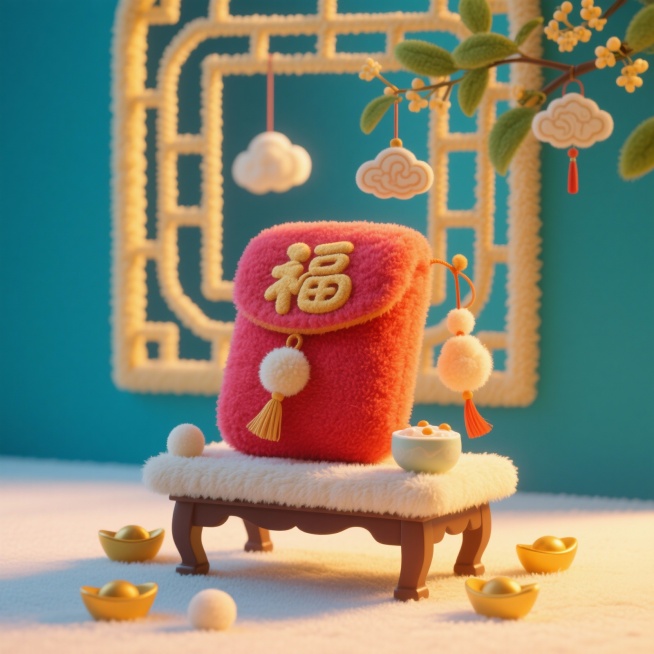 超大号短绒红包作为核心视觉焦点，红包上有烫金福字和立体绒球流苏，填棉饱满。红包放置在铺着米白短绒的迷你毛绒案几上，案几仅案面有毛绒，不夸张。案几周围散落3-5颗迷你毛绒元宝和2个小毛绒祥云挂件。红包旁预览效果