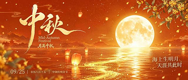 参考图风格，生成微信公众号封面图（横版2.35:1比例），中秋节主题。暖橙红色渐变背景，右上角有桂花枝叶，右下角有一轮大的满月，水面倒影金色月光，水面上漂浮着孔明灯，金色粒子光效点缀。画面左侧有大的书法字体"中秋"，下方有英文"Mid-Autumn Festival"和小字"月满中秋"。右下角有诗句"海上生明月 天涯共此时"，底部有日期"09/25 农历八月十五"和小字"中国传统佳节"。整体国潮插画风，温馨浪漫，节日氛围浓厚，高清精致