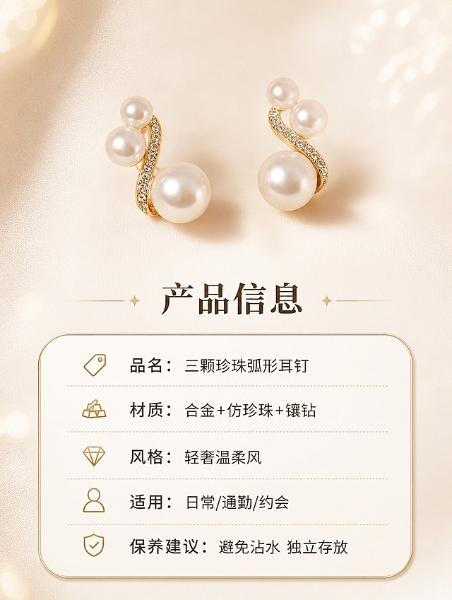 [商品] 使用【图1】三颗珍珠镶钻弧形耳钉；保留三颗珍珠错落排列结构、弧形金色镶钻线条、珍珠圆润光泽、金色金属材质、整体造型比例和颜色；产品抠图去除手指和原背景，放在规格信息卡旁作为产品展示图，不改变产品结构和外观。
[画面] 目标为产品信息规格图，上方为耳钉产品图占画面40%，下方为圆角信息卡展示规格参数；背景为暖米色纯色搭配细腻纹理；信息卡用细金线边框，整体简洁清晰，符合京东平台严谨规范风格。
[视觉] 套系策略：风格=轻奢高级珠宝商业摄影；标题字=现代简约衬线粗体；正文字=简洁无衬线体；主色=暖米杏+香槟金；背景延展=基于暖米杏做深浅渐变、柔焦光斑和细腻珠光质感；强调色=香槟金，仅用于小面积装饰线条、图标和高光；标题色=深棕金；正文色=暖灰棕；组件=细金线信息卡、圆点引线；光影=产品图部分统一暖柔光，信息卡部分平整清晰。
[文字] 产品图下方主标题「产品信息」，下方信息卡内容：「品名：三颗珍珠弧形耳钉」「材质：合金+仿珍珠+镶钻」「风格：轻奢温柔风」「适用：日常/通勤/约会」「保养建议：避免沾水 独立存放」；全部文字横向排版，字号保证手机端清晰可读。
[规格] 图片比例3:4竖版，4K分辨率，避免变形、产品颜色改变、文字模糊、冷蓝背景、竖排文字、信息错乱。