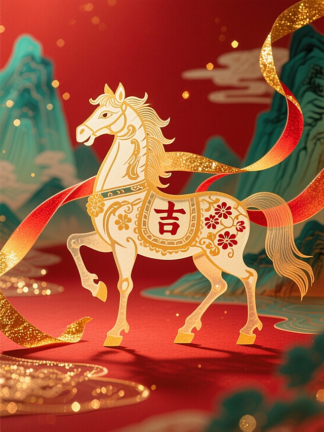 剪纸风与鎏金元素融合，国潮风格马匹踏祥云，红金配色尽显喜庆与古典韵味，寓意吉祥如意。