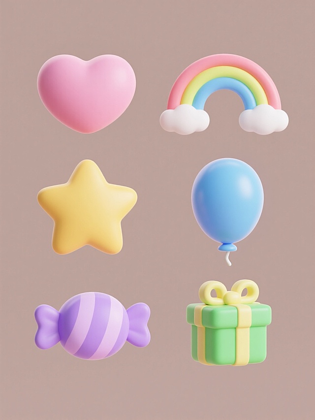 一套6个规整排布的软3D风格图标集合，纯色背景，每个图标拥有圆润边缘和轻微立体光影效果，整体色彩变换为柔和的马卡龙色系，包含粉色爱心、黄色星星、七彩渐变彩虹、蓝色气球、紫色糖果和绿色礼物，所有元素类目保持一致，风格统一，排布整齐。